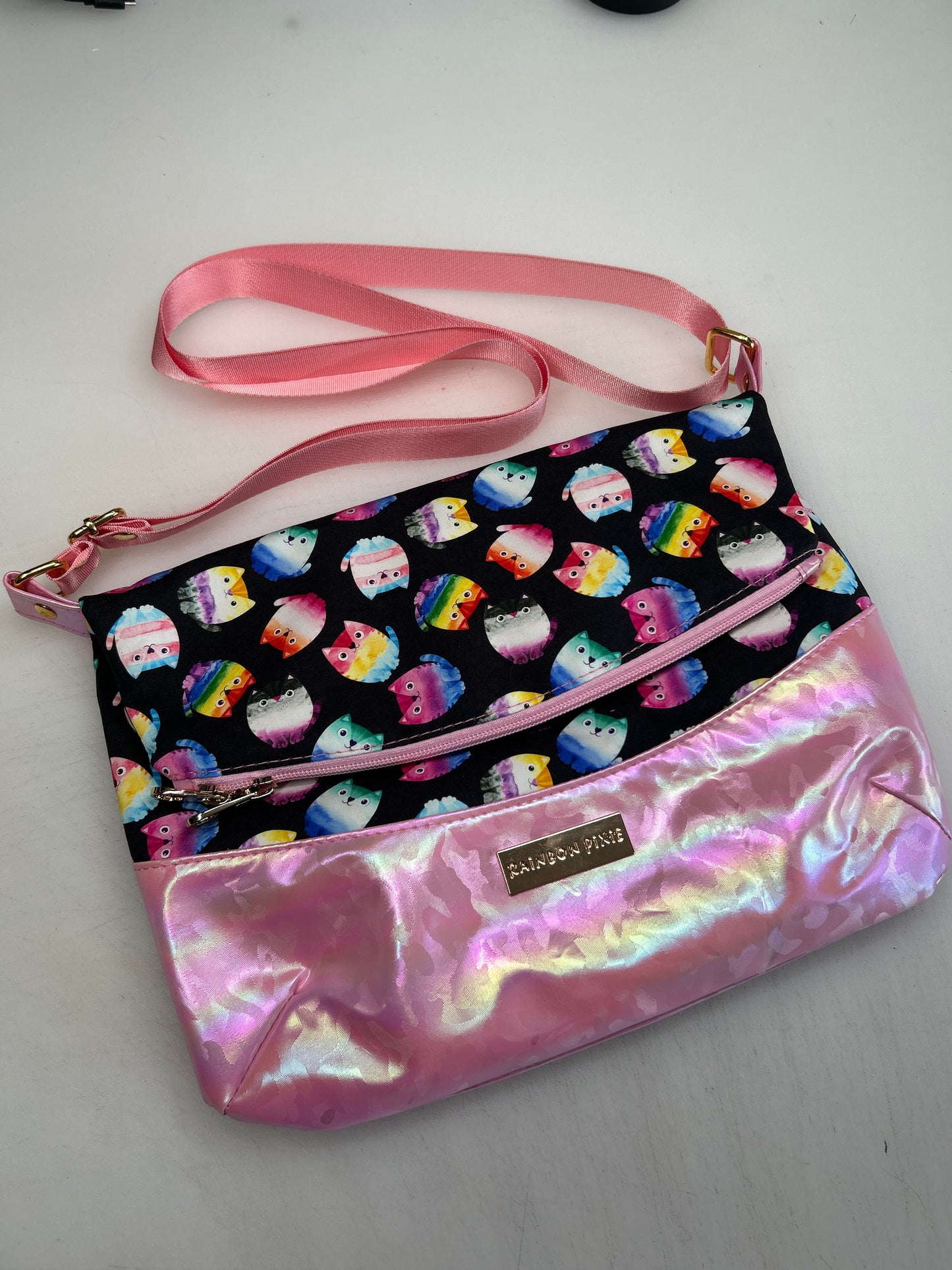 Pride Cat Themed foldover crossbody bag with pink bottom