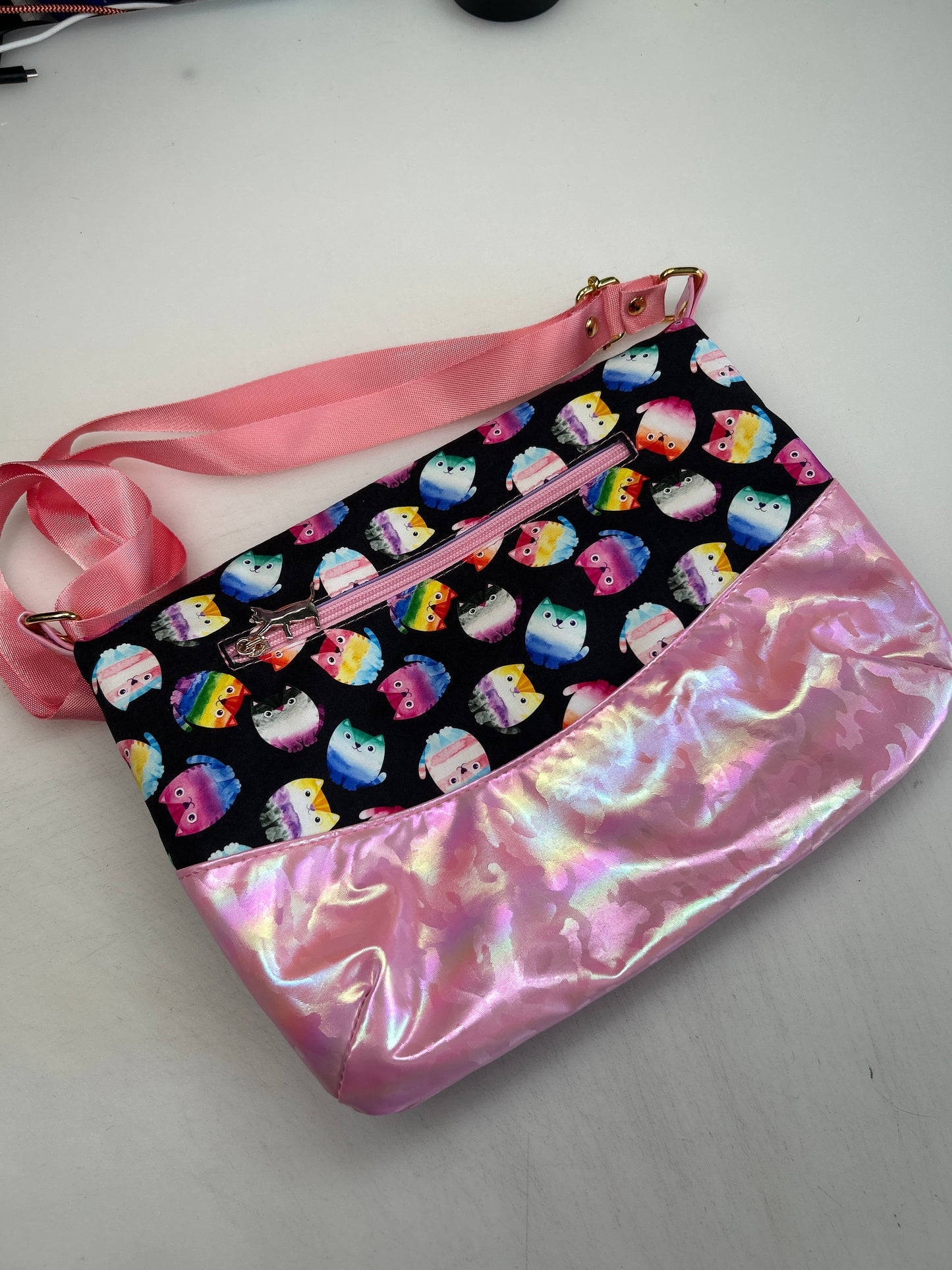 Pride Cat Themed foldover crossbody bag with pink bottom
