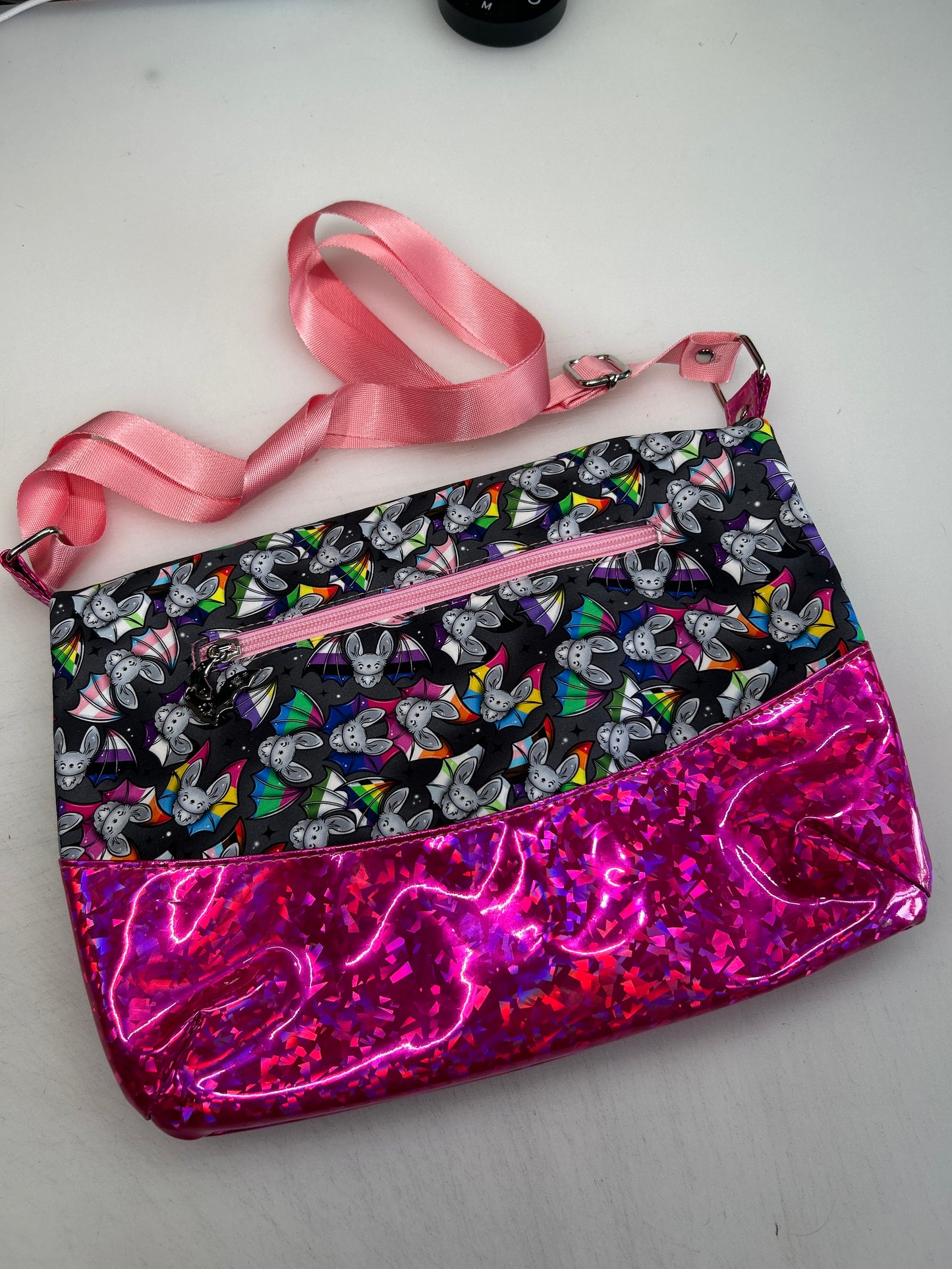 Pride Bats Themed foldover crossbody bag with pink bottom
