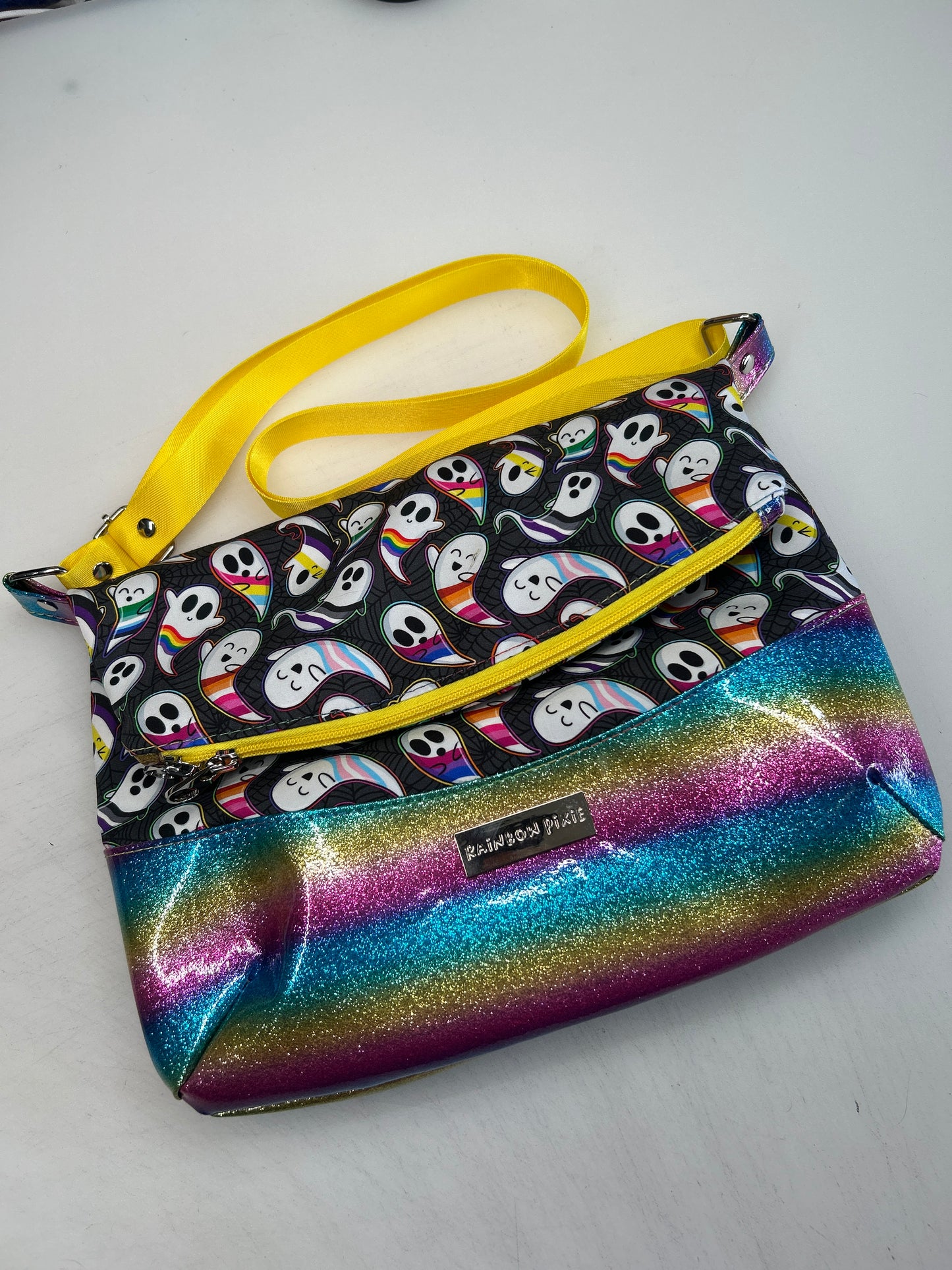 Pride Ghosts Themed foldover crossbody bag with rainbow bottom