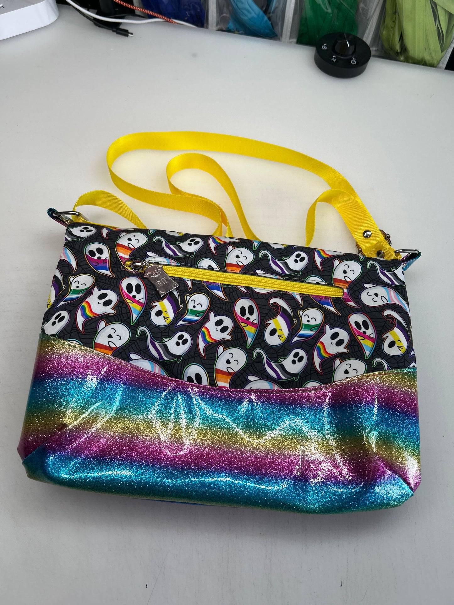 Pride Ghosts Themed foldover crossbody bag with rainbow bottom
