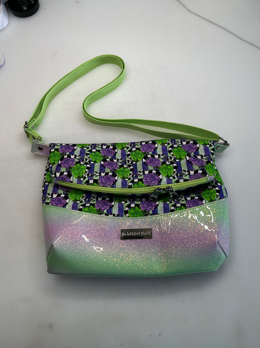 Beetlejuice Themed foldover crossbody bag with pastel glitter bottom