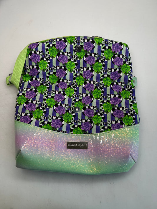 Beetlejuice Themed foldover crossbody bag with pastel glitter bottom