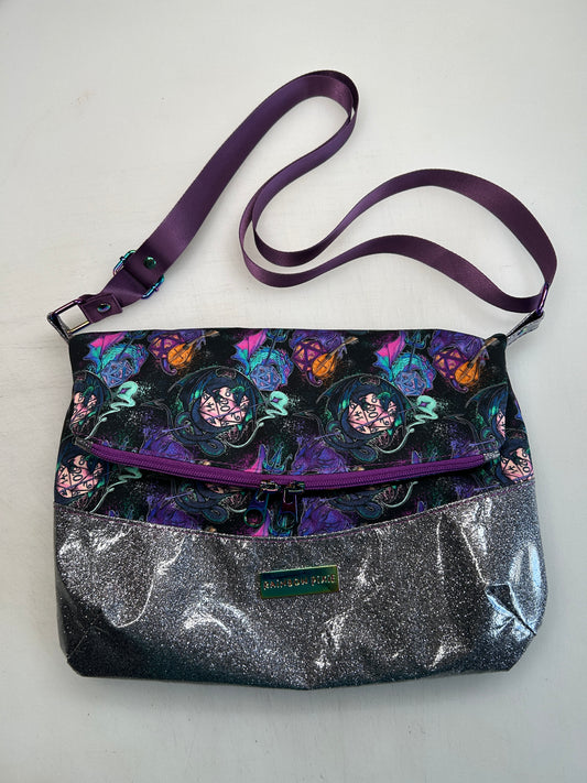 Dragons and Dice Themed foldover crossbody bag with grey glitter bottom