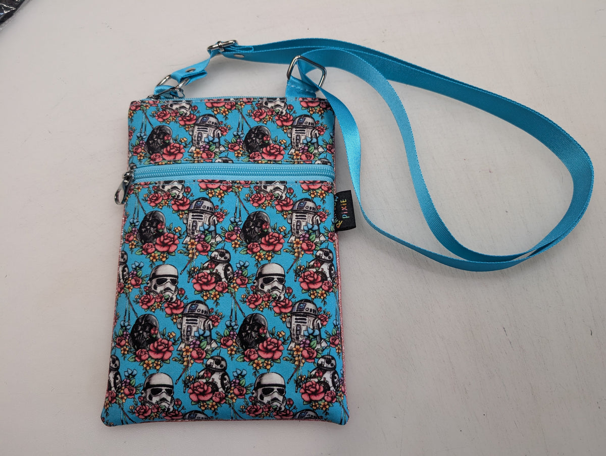 floral star wars themed small crossbody bag with pink glitter Back