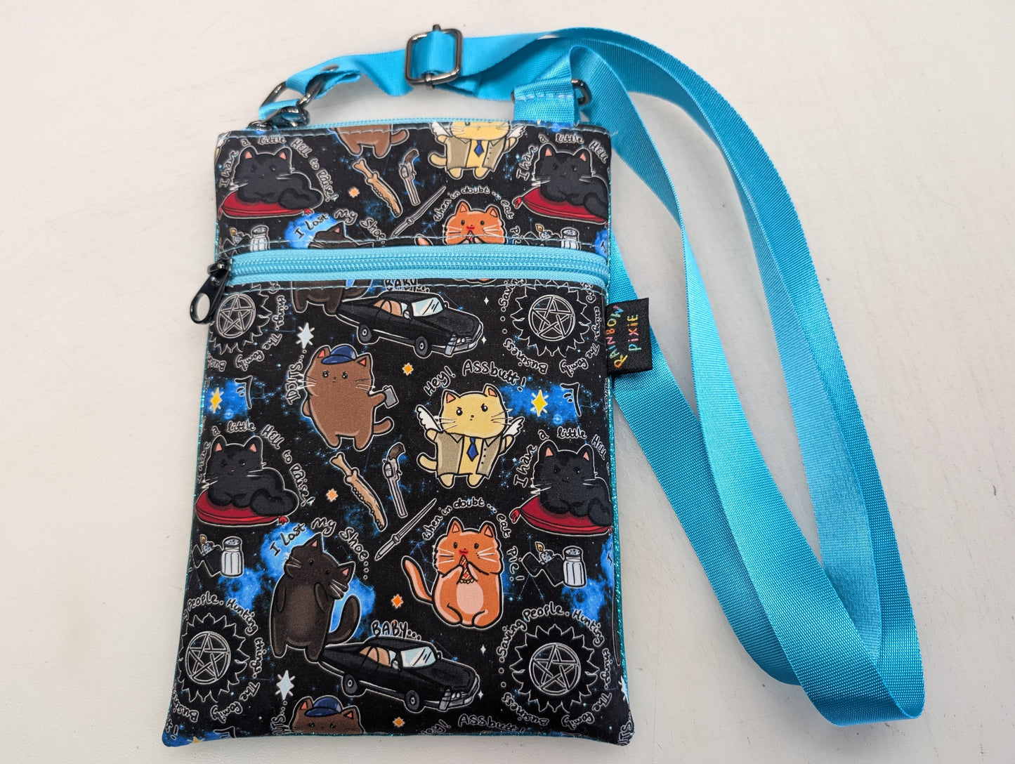 supernatural cat themed small crossbody bag with blue glitter Back