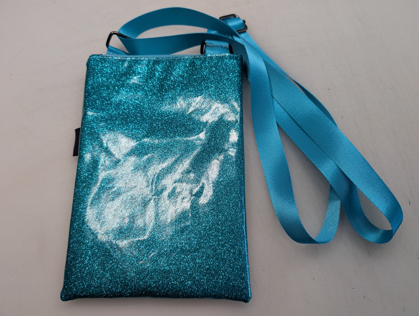 supernatural cat themed small crossbody bag with blue glitter Back