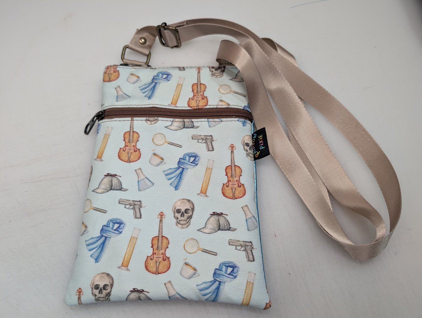 Sherlock themed small crossbody bag with brown Back