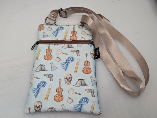 Sherlock themed small crossbody bag with blue holographic Back